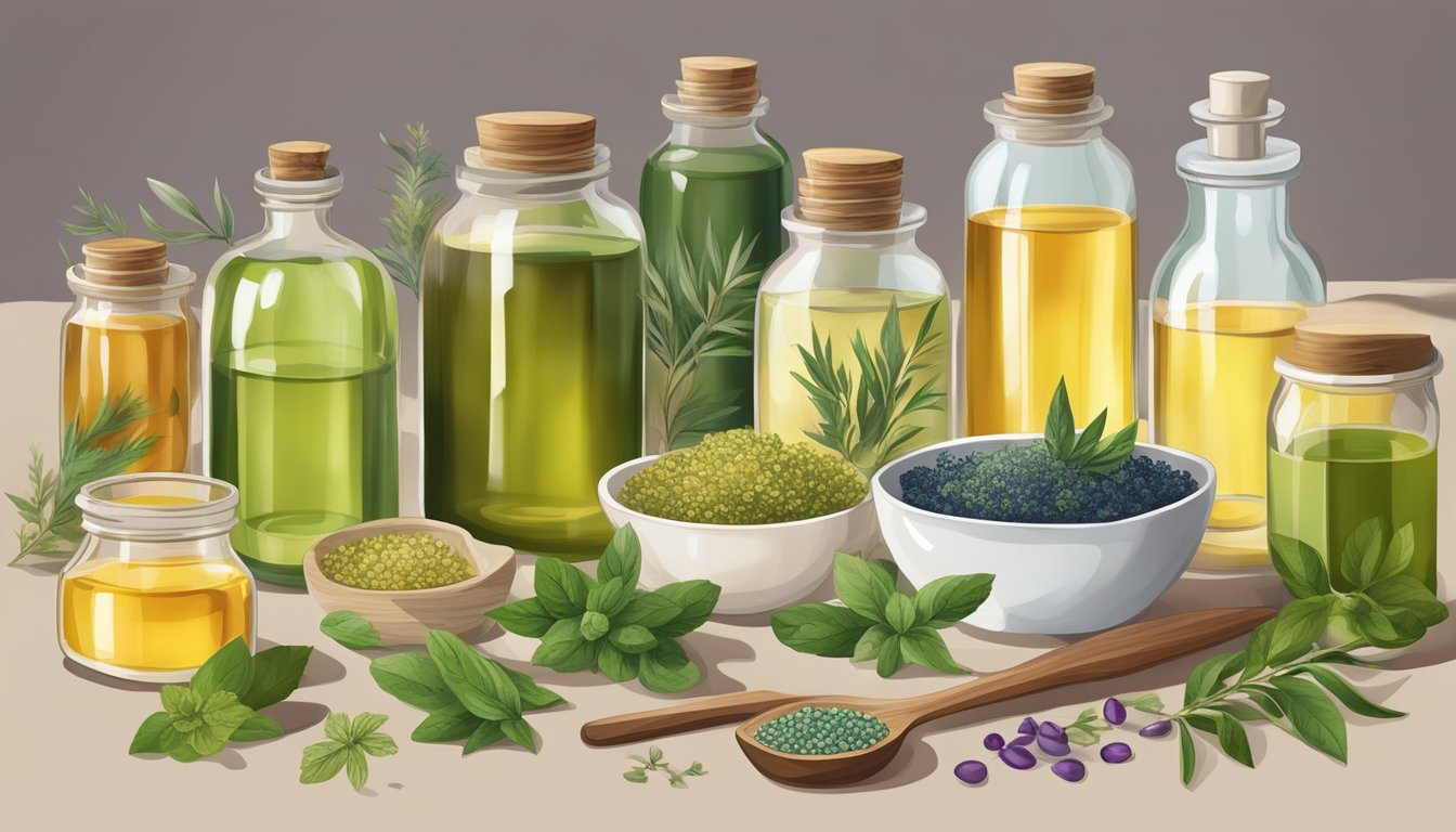 A table with various cold pressed oils, essential oils, and natural ingredients arranged for DIY beauty recipes