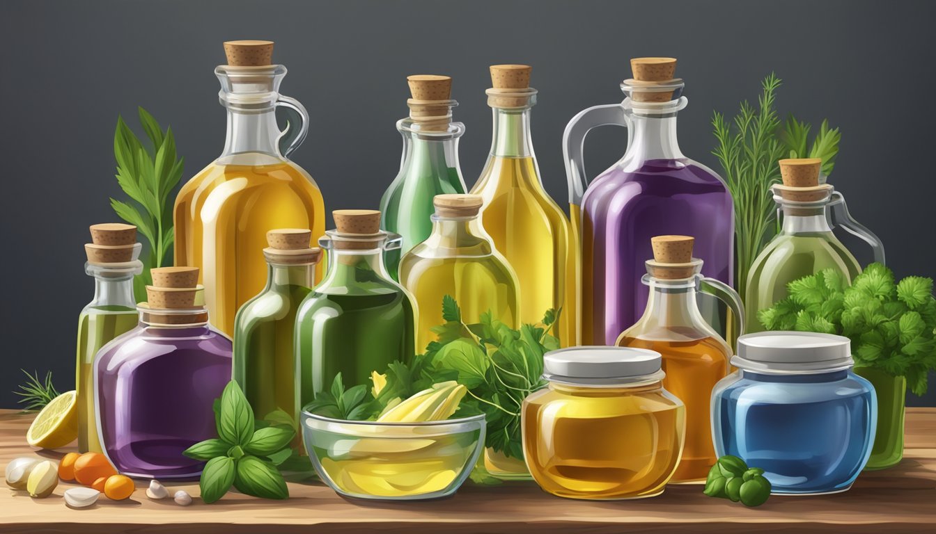 A variety of colorful bottles of cold pressed oils arranged on a wooden table, surrounded by fresh herbs, vegetables, and a mixing bowl