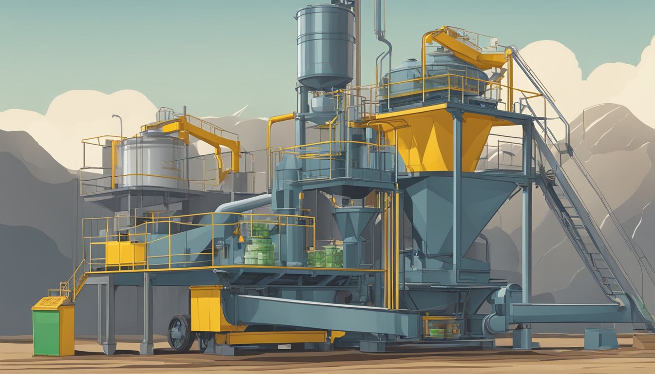 A large, modern machine presses seeds to extract oil. A stream of waste material is collected in a separate container