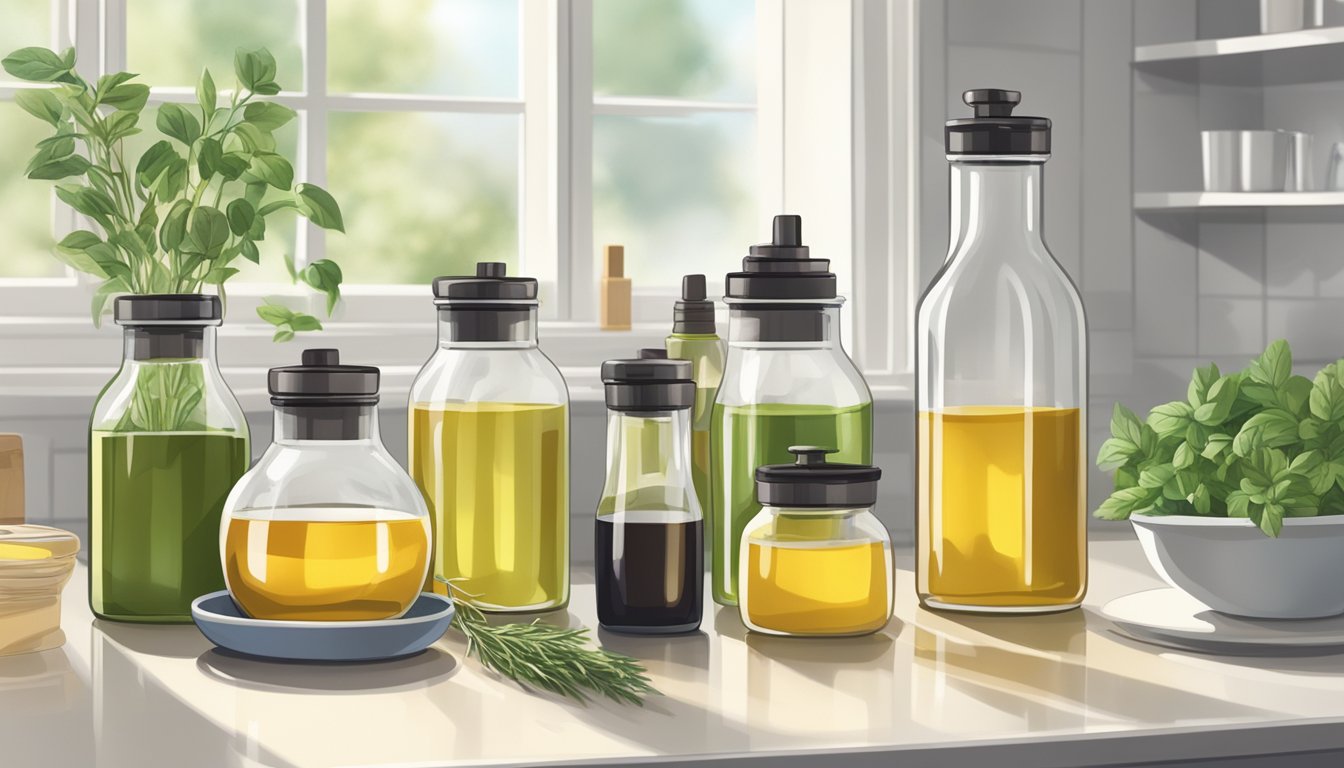 Bottles of cold pressed oils, herbs, and mixing tools on a clean, well-lit countertop