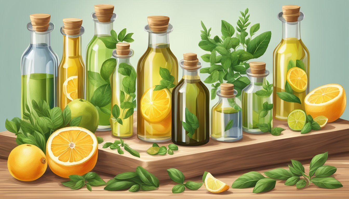 A variety of cold pressed oils in glass bottles, surrounded by fresh herbs and citrus fruits on a wooden cutting board