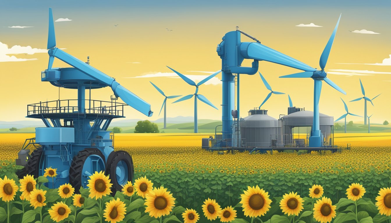 A large industrial cold press machine surrounded by fields of sunflowers and other oilseed crops, with a clear blue sky and wind turbines in the background