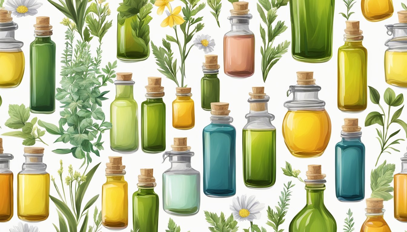 A collection of glass bottles and jars filled with colorful cold pressed oils, surrounded by fresh herbs and flowers