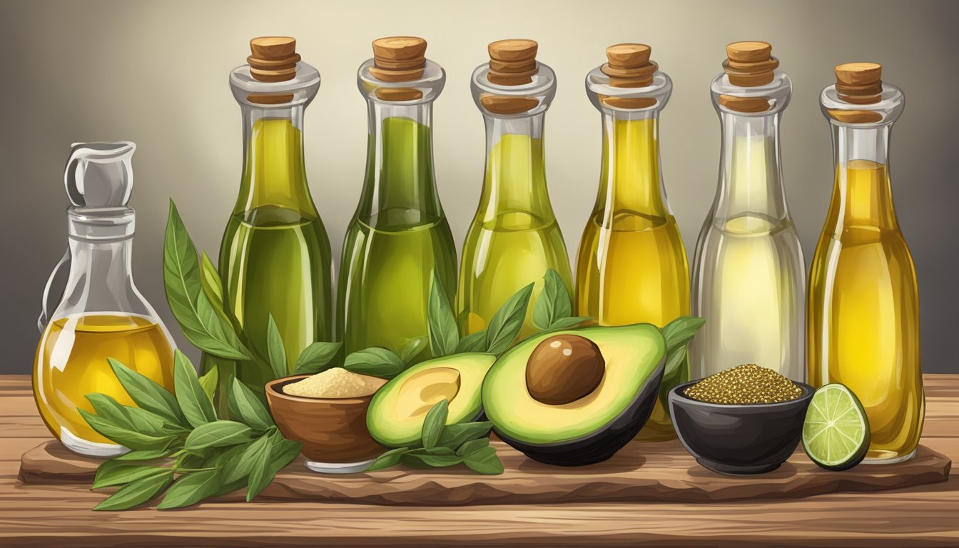 A variety of cold pressed oils, such as olive, avocado, and sesame, arranged on a rustic wooden table with fresh herbs and spices