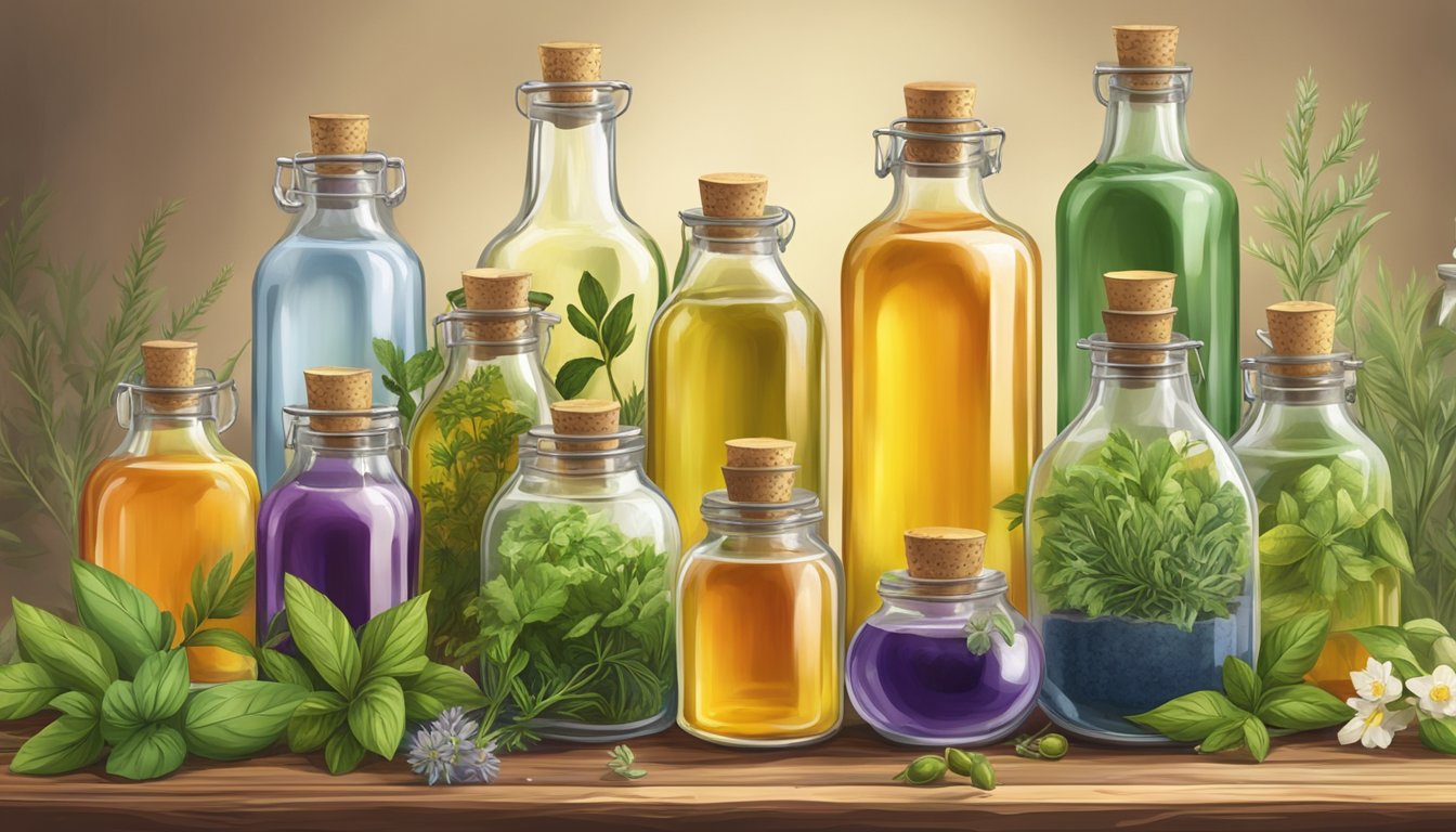 An assortment of glass bottles and jars filled with colorful cold pressed oils, surrounded by fresh herbs and botanicals on a rustic wooden table