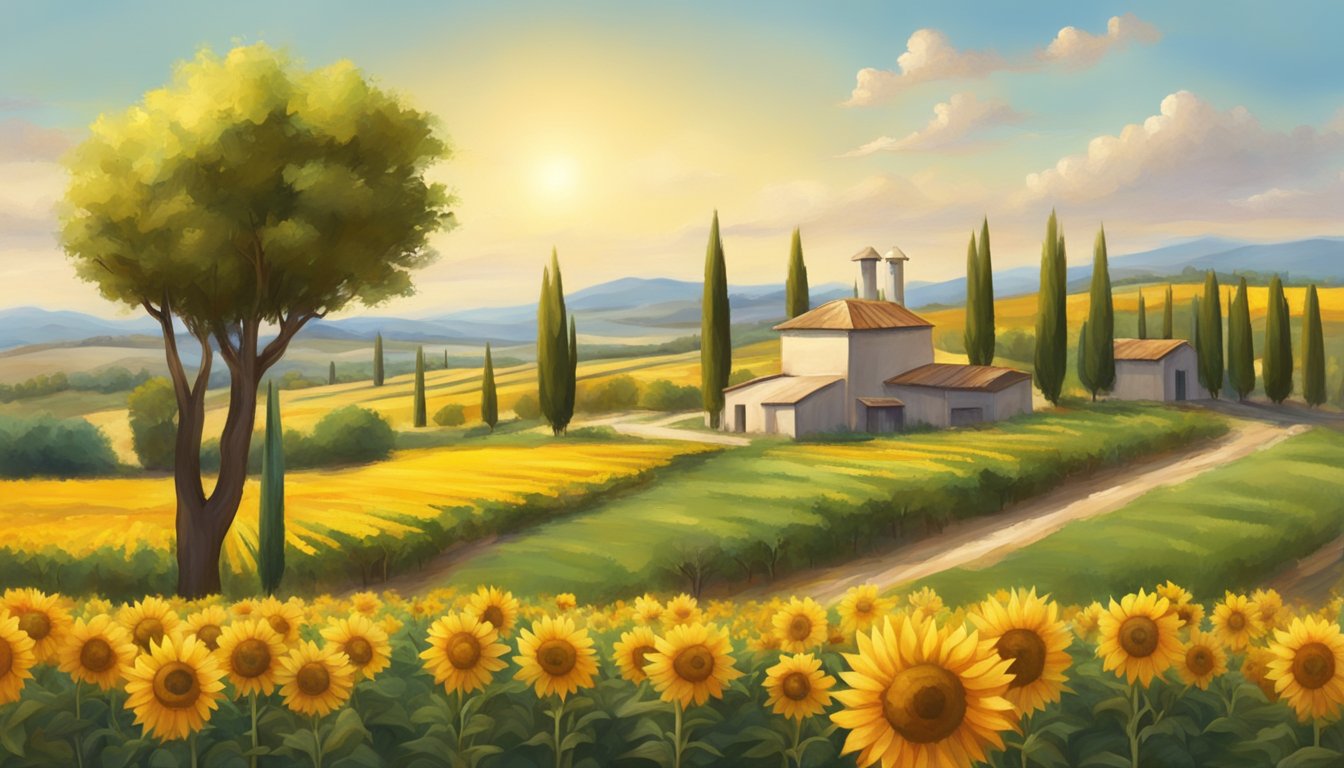 A serene countryside landscape with a small cold press oil production facility surrounded by fields of sunflowers and olive trees