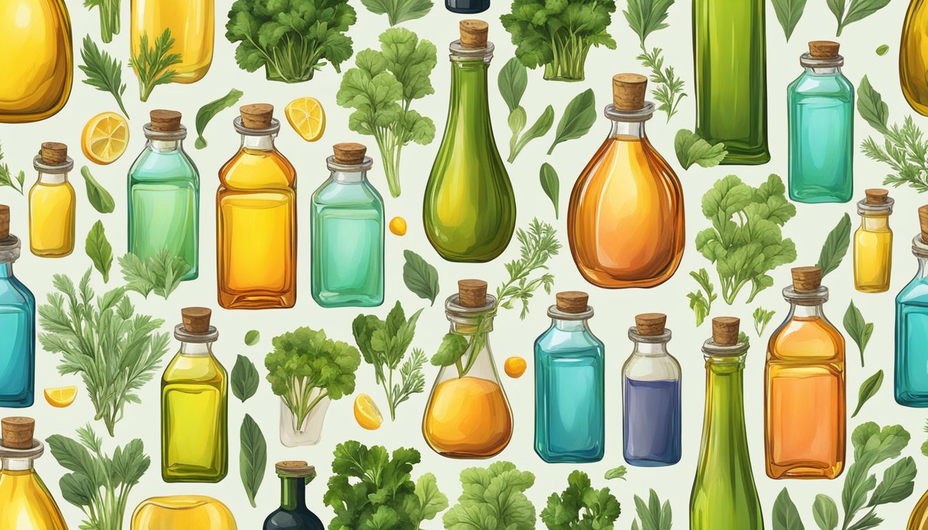 A colorful array of glass bottles filled with various cold pressed oils, surrounded by fresh vegetables and herbs