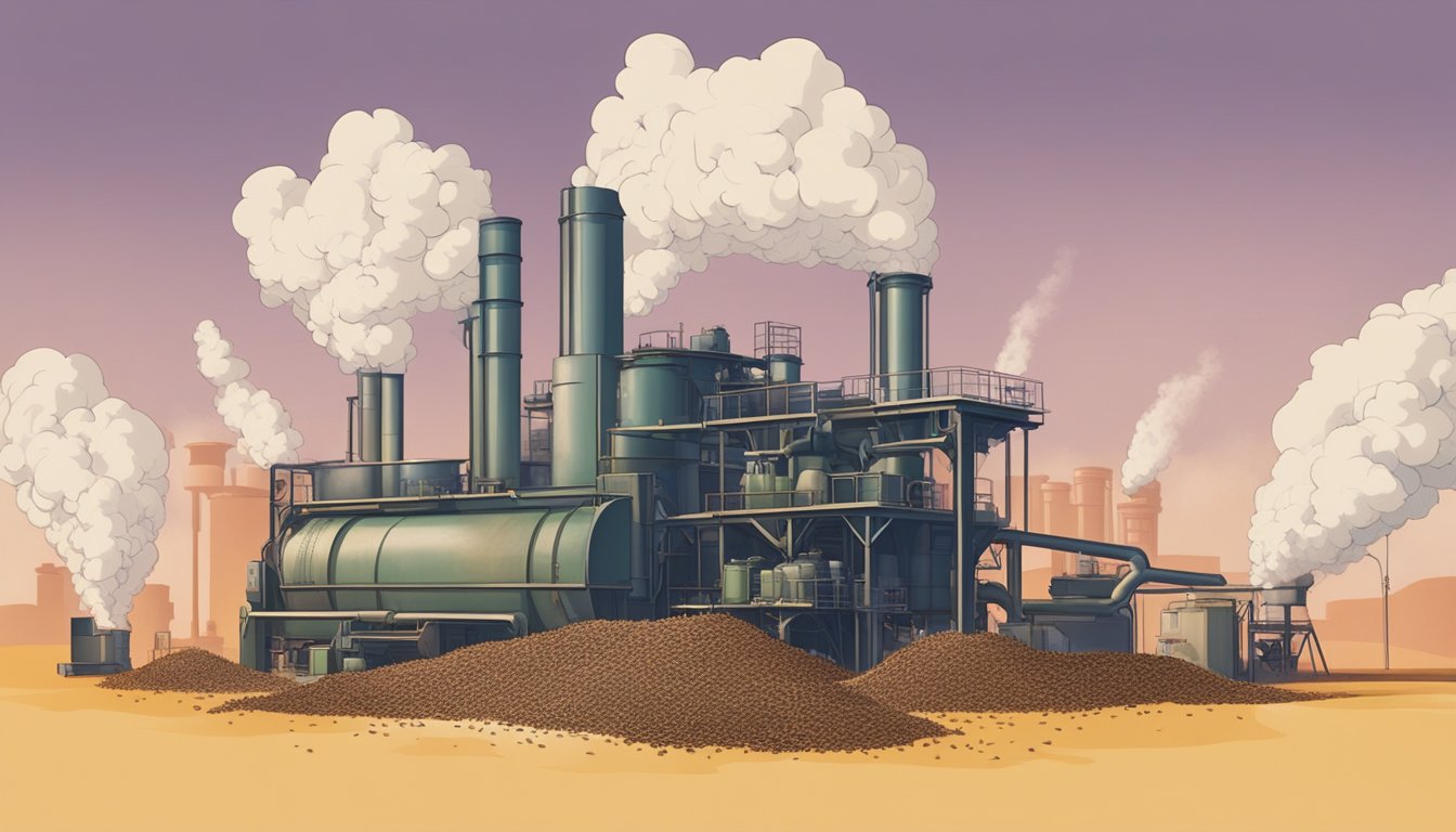 A large industrial press squeezes seeds, releasing oil and creating a pile of leftover pressed material. A smokestack emits steam into the air