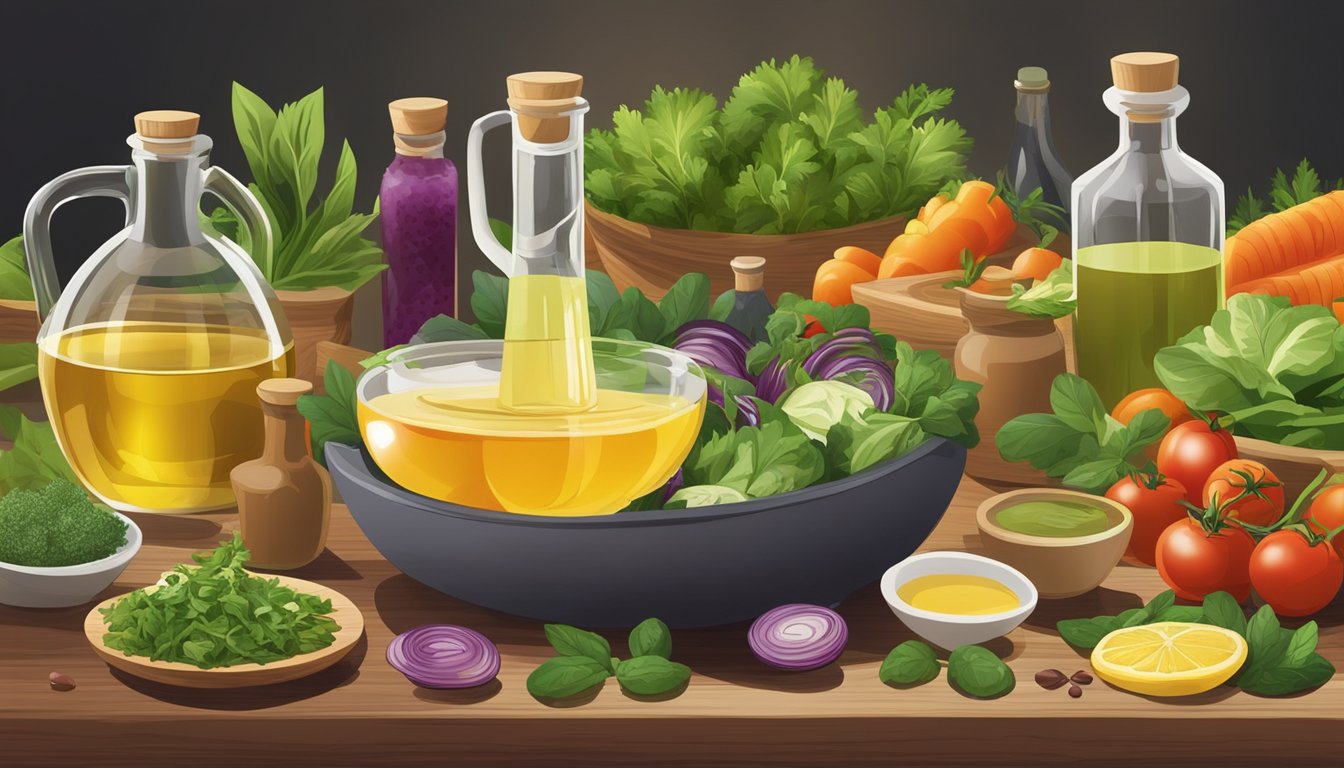 A variety of cold pressed oils arranged on a wooden table, surrounded by fresh herbs and vegetables, with a salad dressing being poured into a bowl