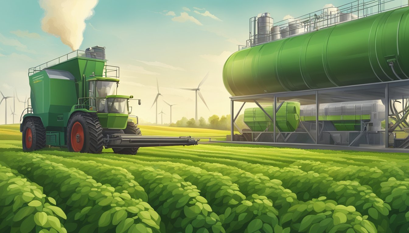 A large machine squeezes seeds, releasing oil into a collection container. Green fields and a clear sky surround the industrial facility