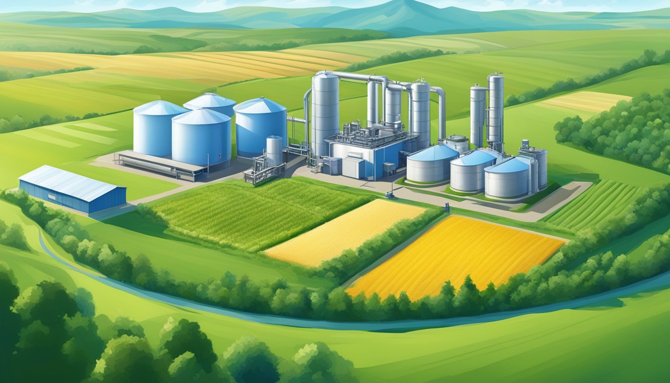 A picturesque countryside with a modern cold press oil production facility surrounded by lush green fields and clear blue skies