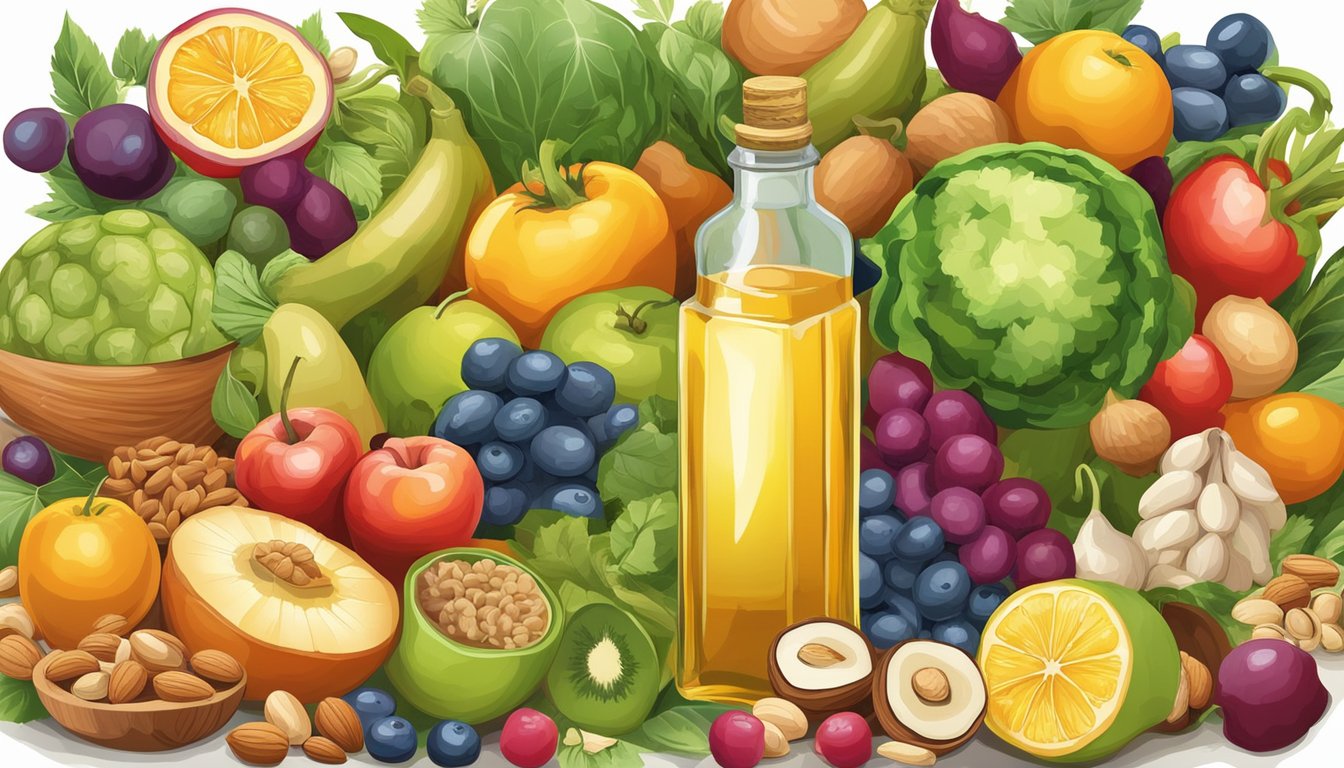 A colorful array of fruits, vegetables, and nuts surround a bottle of cold pressed oil, symbolizing the nutritional benefits and health implications of cooking with these natural ingredients