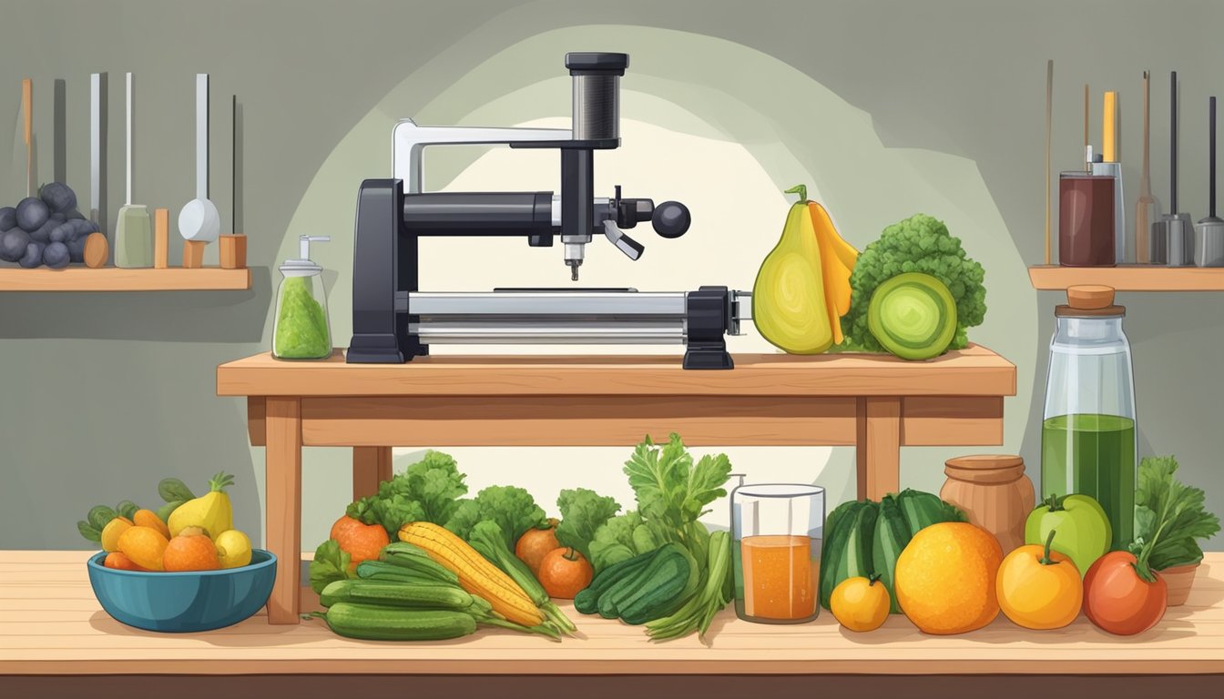 A wooden table with various fruits, vegetables, and a cold press machine. A scientist observes and takes notes while demonstrating the cold pressing process