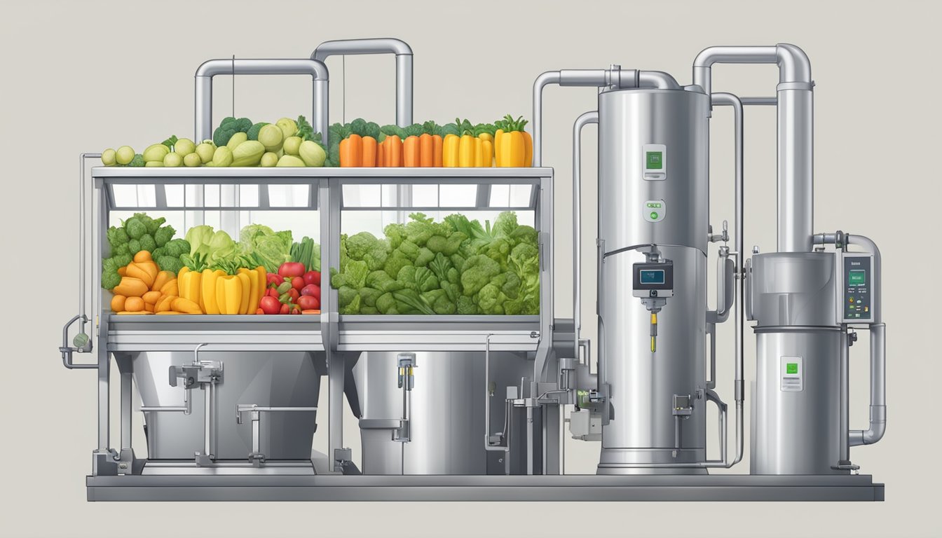 A large industrial cold press machine surrounded by fresh fruits and vegetables, with a scientific diagram of the cold pressing process displayed on a nearby screen