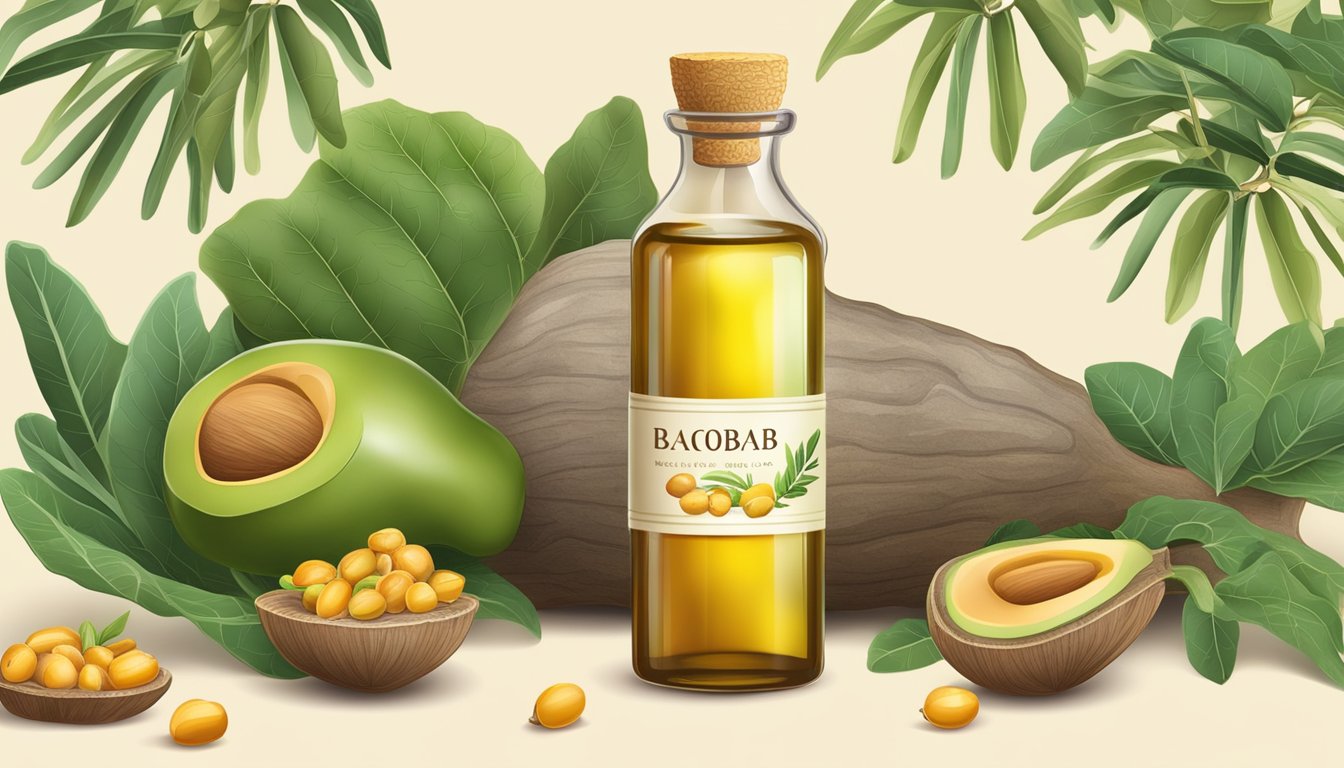 A bottle of baobab oil surrounded by fresh baobab fruit and leaves