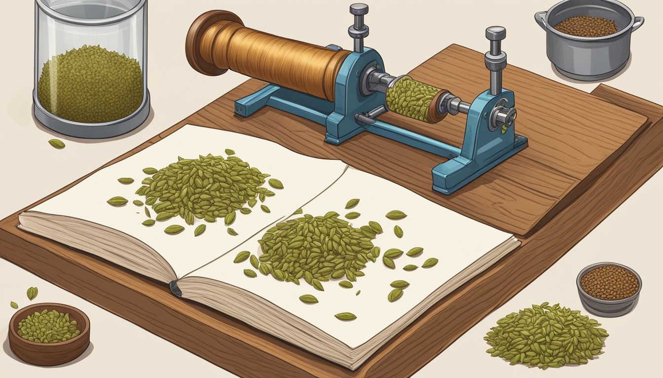 A wooden press squeezing seeds, while a metal press crushes seeds. Scientists observe and take notes