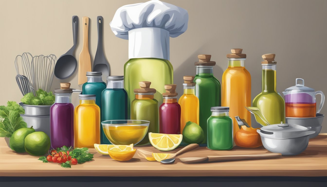 A chef's hat and apron surrounded by an array of colorful cold pressed oils and various cooking utensils on a kitchen counter