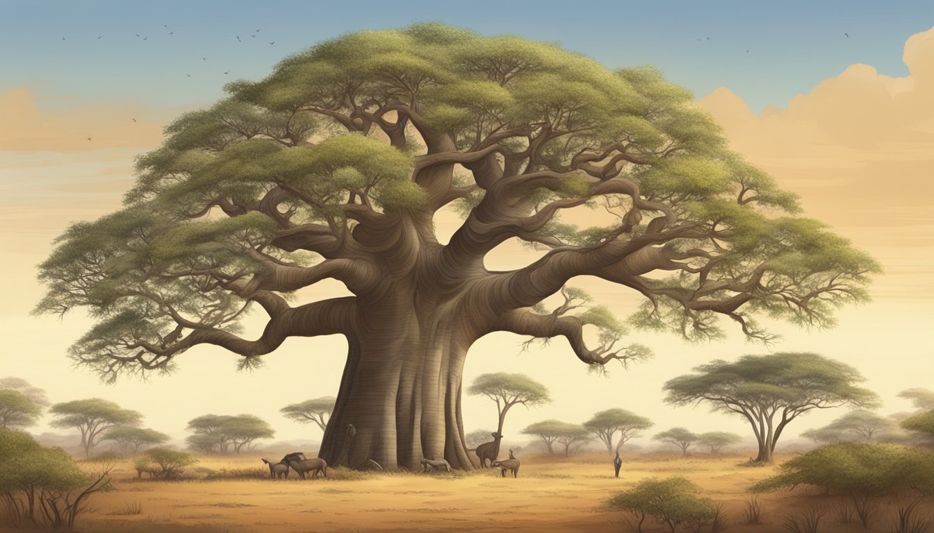 A baobab tree standing tall in an African savanna, with its fruit and seeds being harvested by local communities for sustainable and ethical production of baobab oil