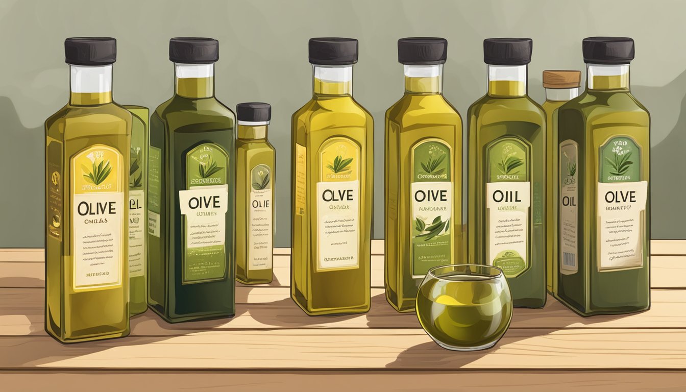 A variety of olive oil bottles arranged on a wooden table, each labeled with its grade. A person is seen smelling and tasting the oil to assess its sensory characteristics