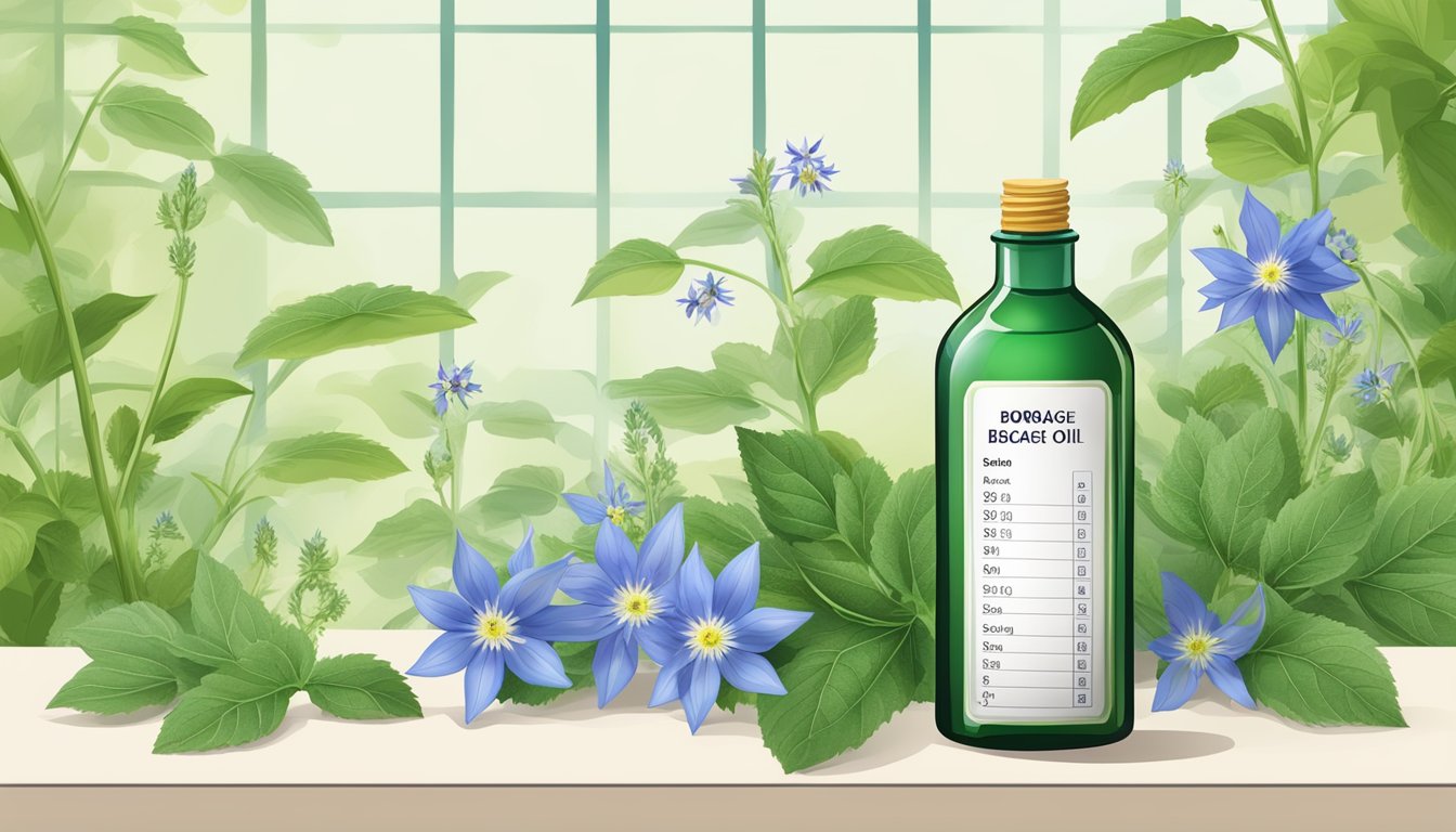 A bottle of borage oil surrounded by fresh borage flowers and green leaves, with a clear nutritional profile chart displayed next to it