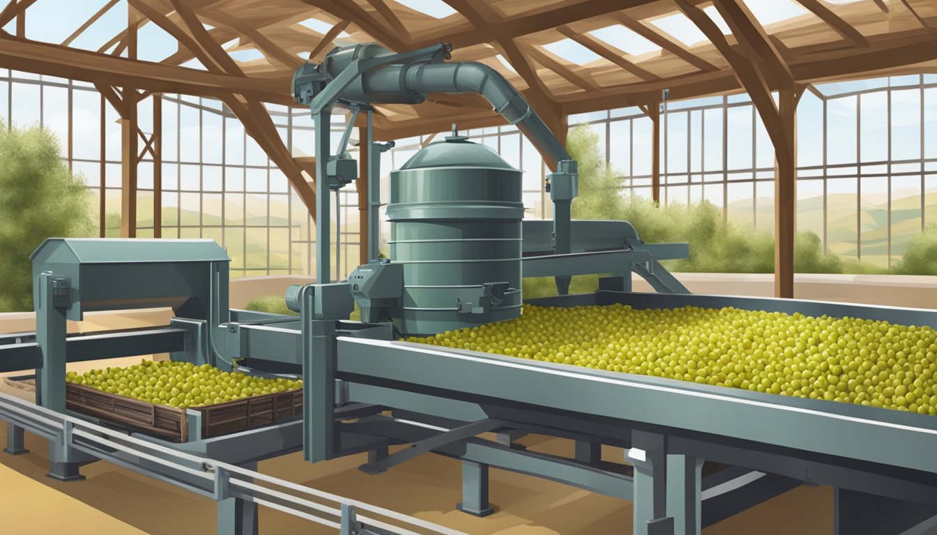 A traditional olive oil press with stacked olives and a conveyor belt leading to a processing plant