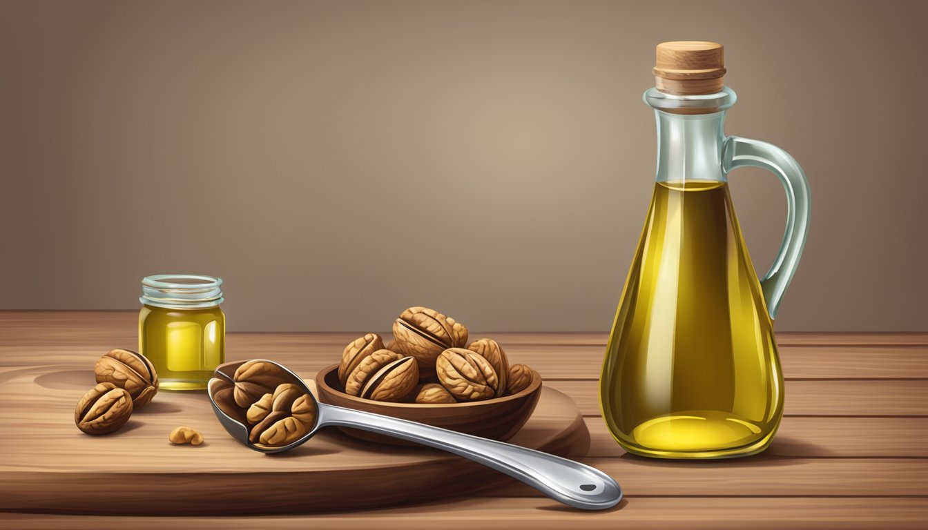 A clear glass bottle of walnut oil next to a pile of walnuts and a measuring spoon on a wooden table