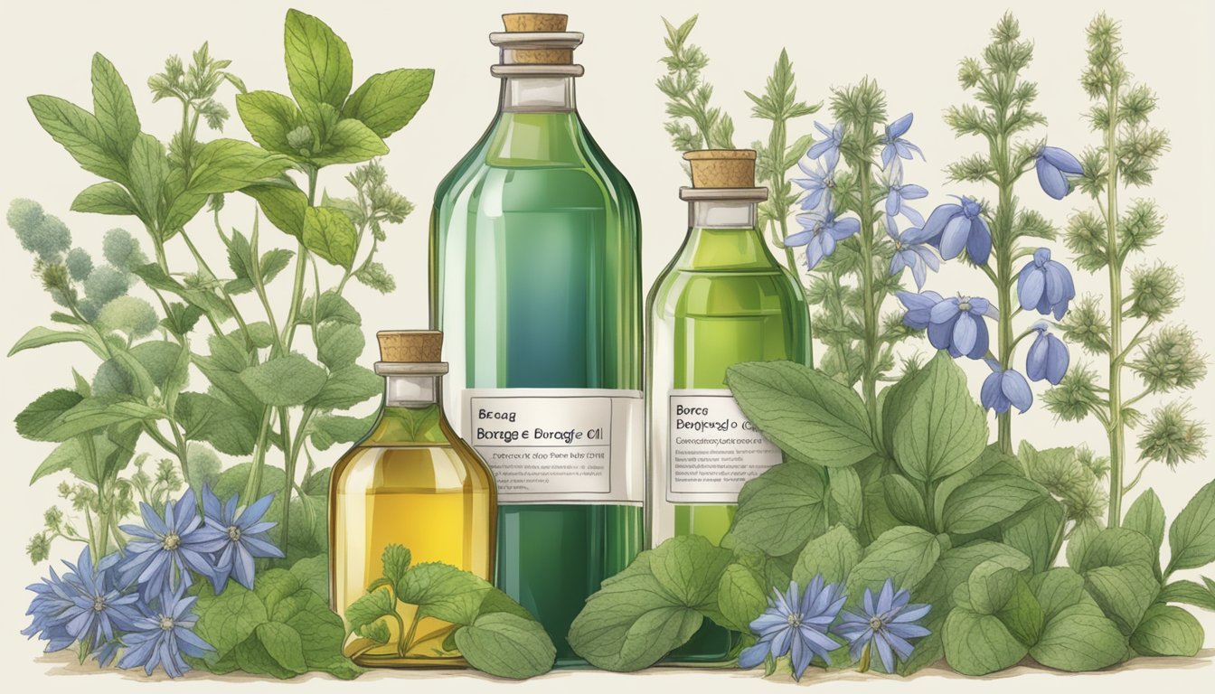 A bottle of borage oil surrounded by various herbs and plants, with a list of potential side effects and interactions displayed nearby