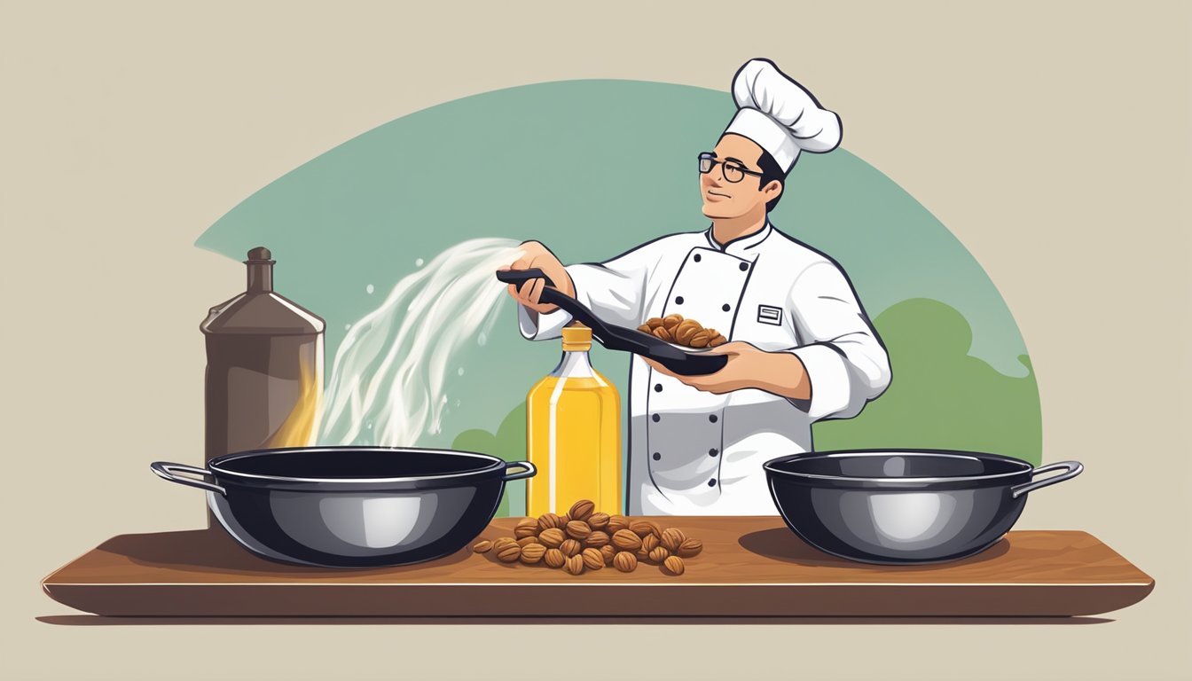 A chef pours walnut oil into a sizzling pan, comparing it to other oils