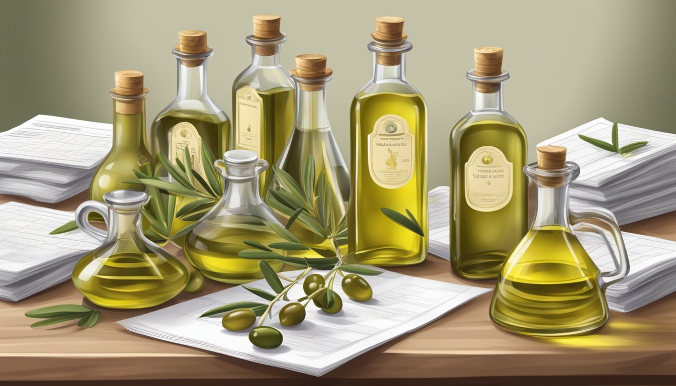 A table with various olive oil bottles, surrounded by regulatory documents and standards