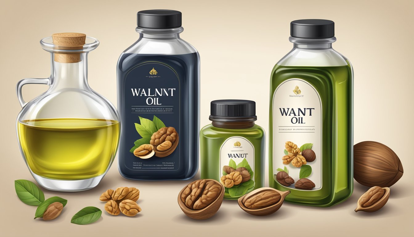 A table with three different bottles of walnut oil, each labeled with its nutritional content