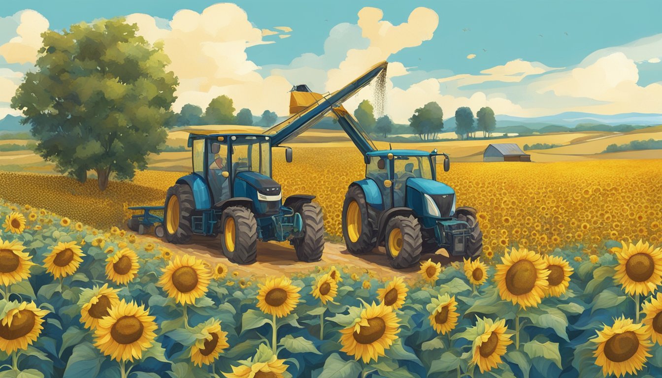 A sunflower field under a clear blue sky, with ripe sunflowers being harvested and pressed into oil using a traditional cold-press method