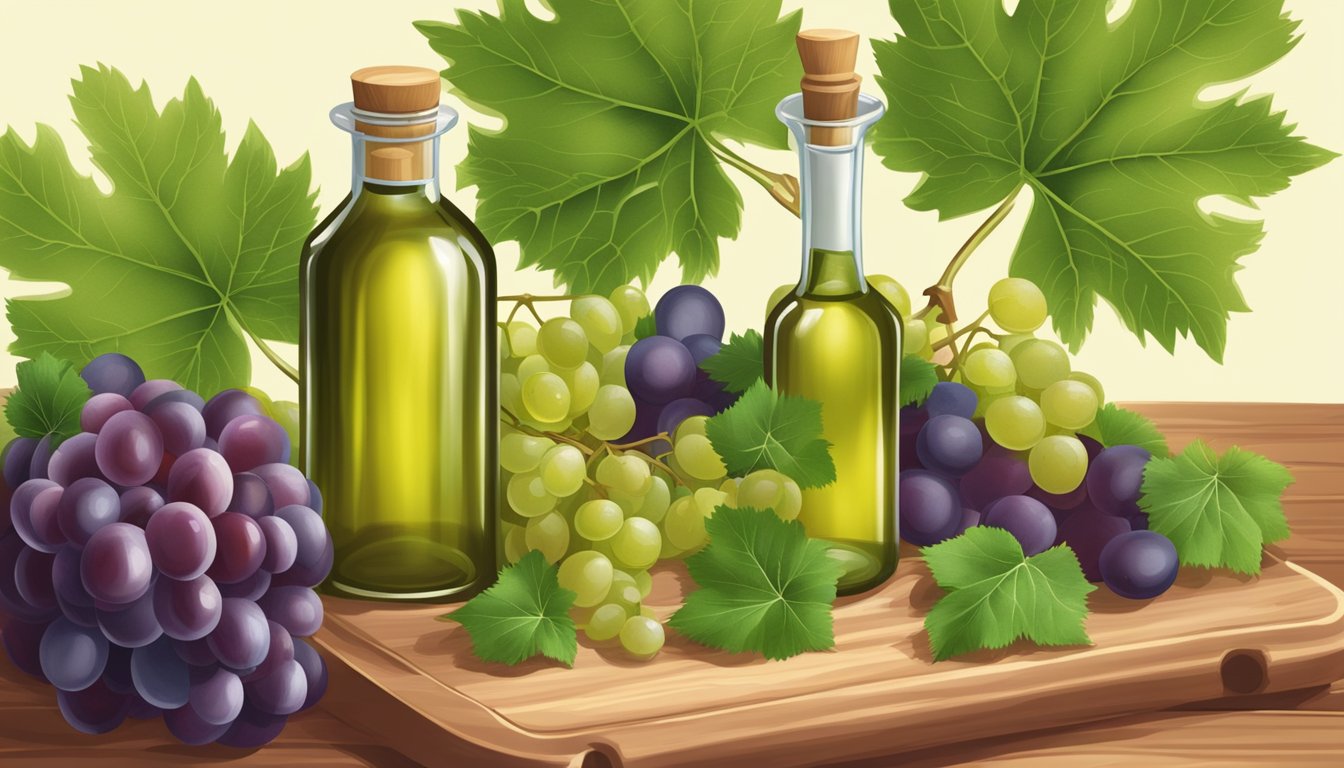 A glass bottle of cold pressed grapeseed oil surrounded by fresh grapes and grape leaves on a wooden cutting board