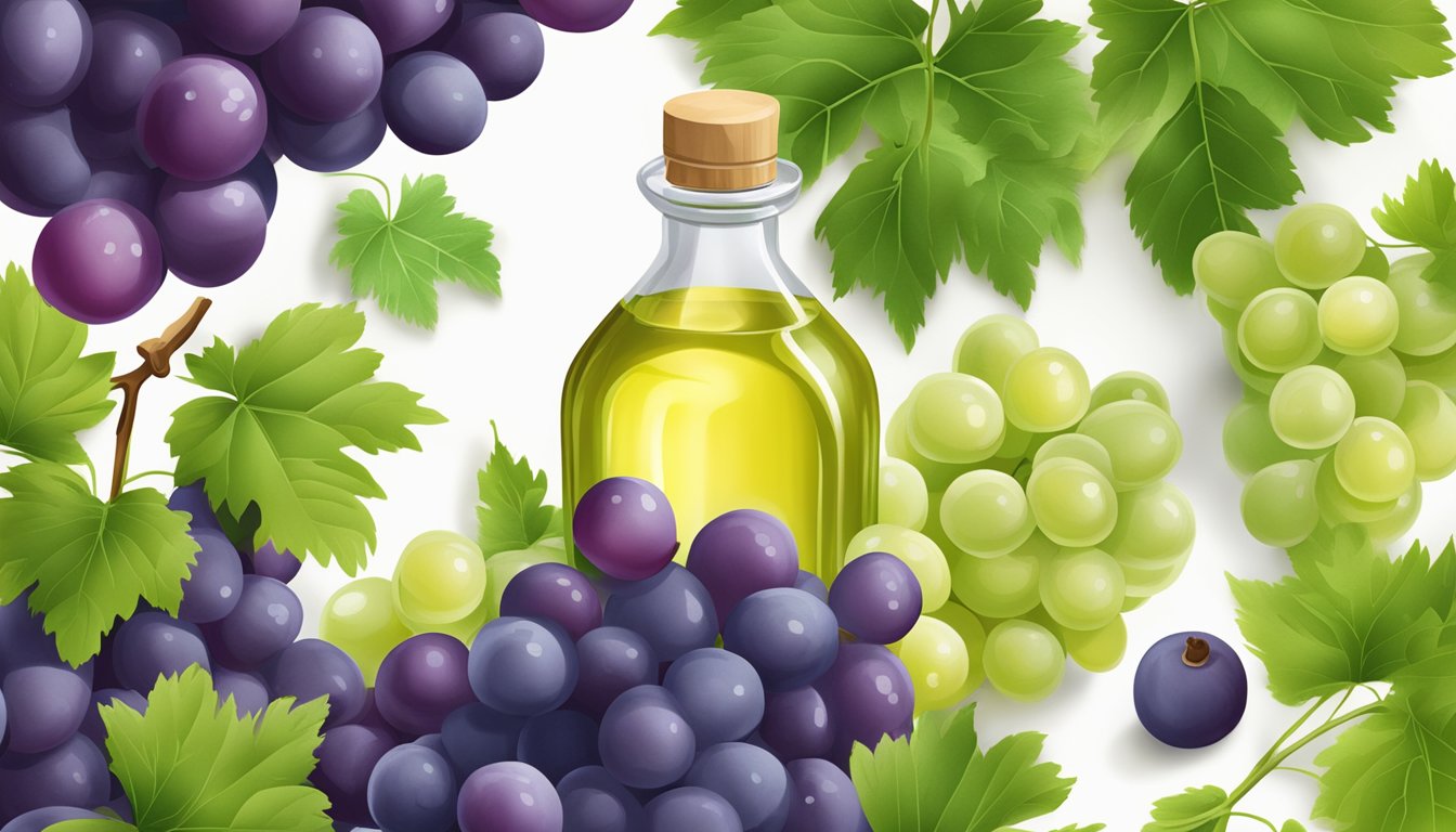 A bottle of cold pressed grapeseed oil surrounded by fresh grapes and grapevines