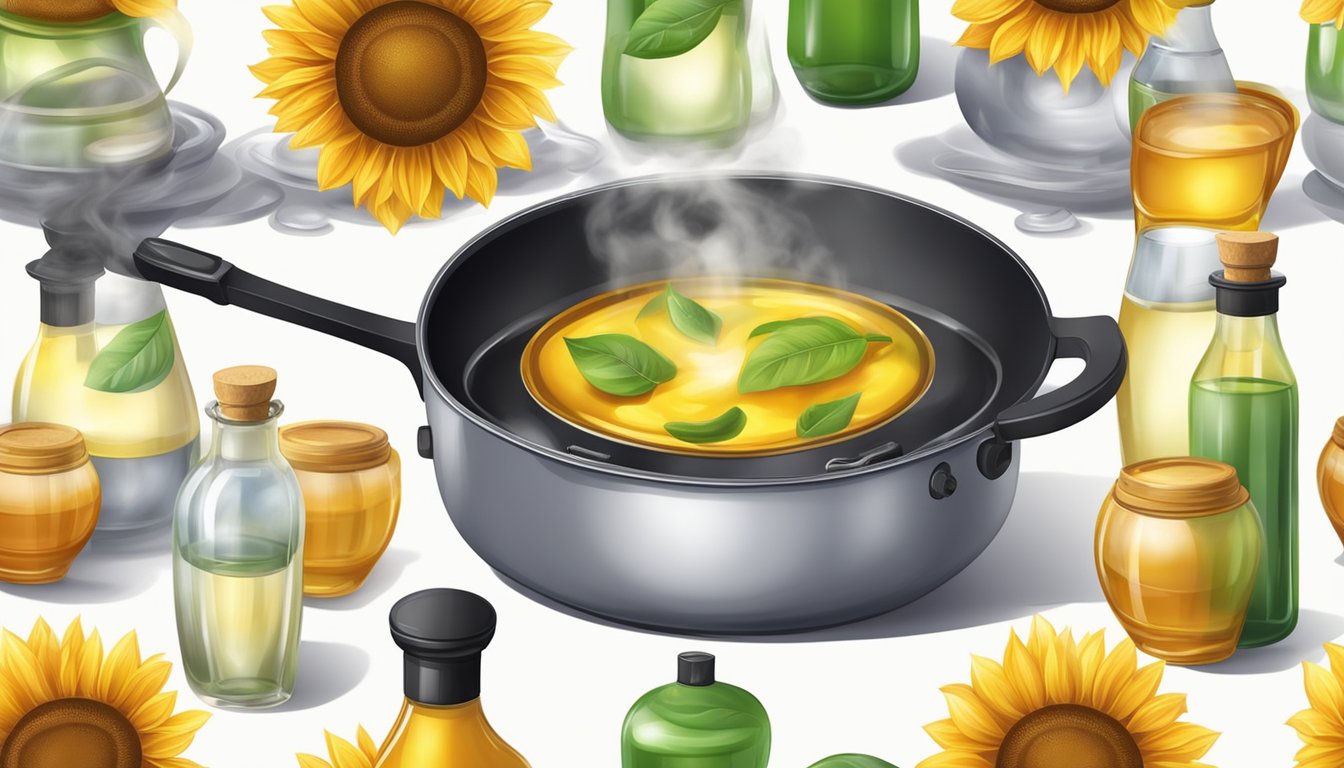 A sizzling pan with various bottles of cold pressed sunflower oil, surrounded by steam and the aroma of cooking