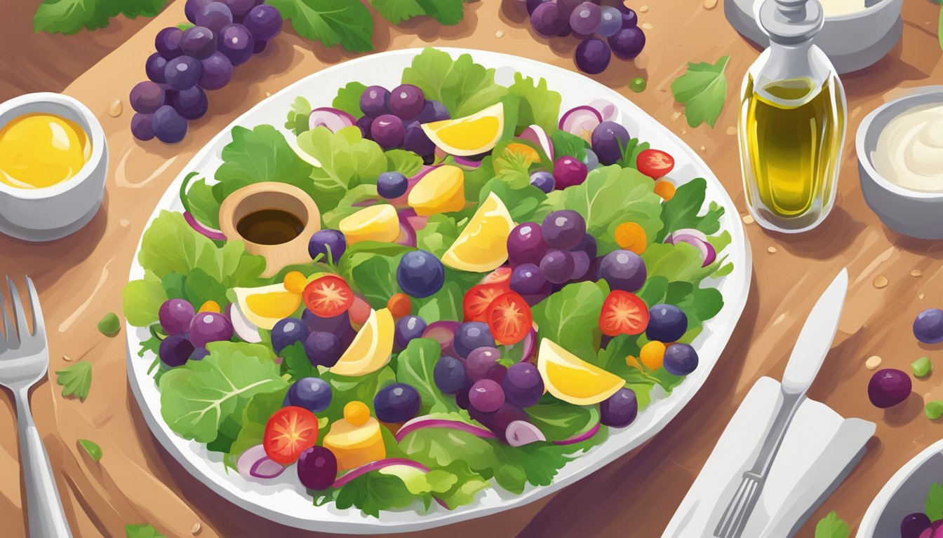 A chef drizzles cold pressed grapeseed oil over a colorful salad