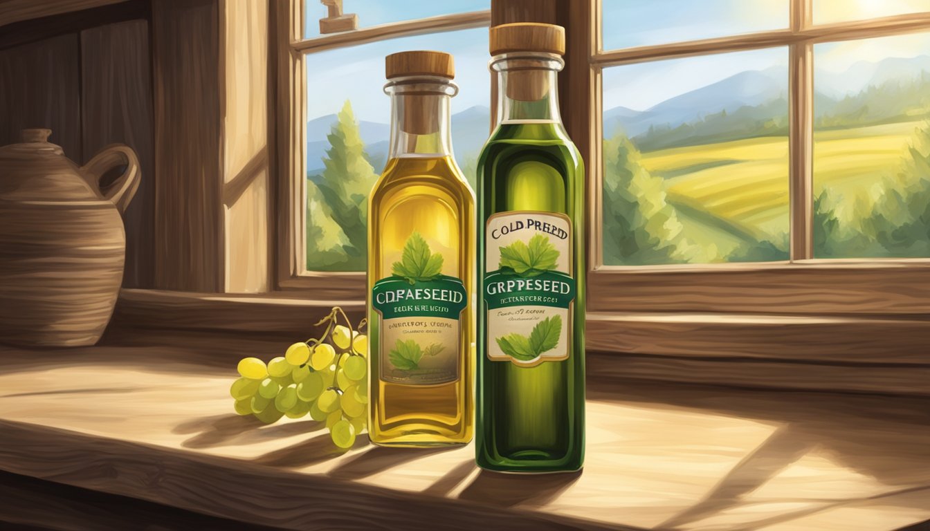 A rustic wooden table displays two bottles of grapeseed oil, one labeled "cold pressed" and the other "refined." Sunlight streams through a nearby window, casting a warm glow on the scene