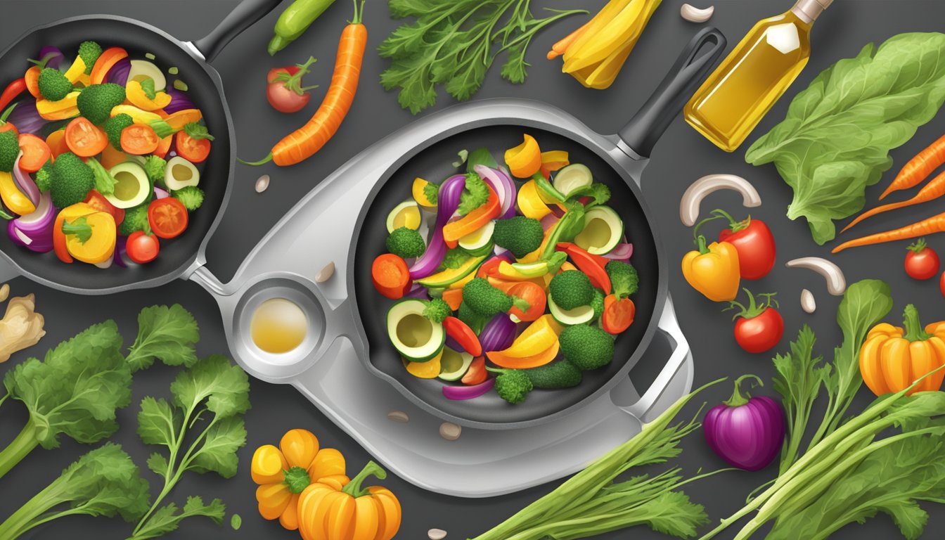 A sizzling skillet with colorful vegetables and a bottle of cold pressed sunflower oil, steam rising from the pan