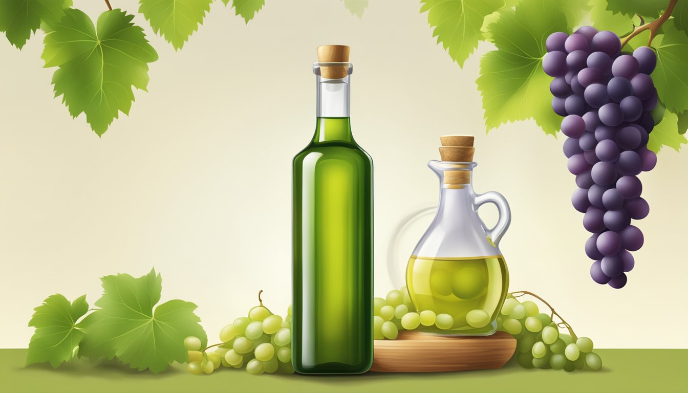 A glass bottle of cold-pressed grapeseed oil surrounded by fresh grapevines and ripe grapes