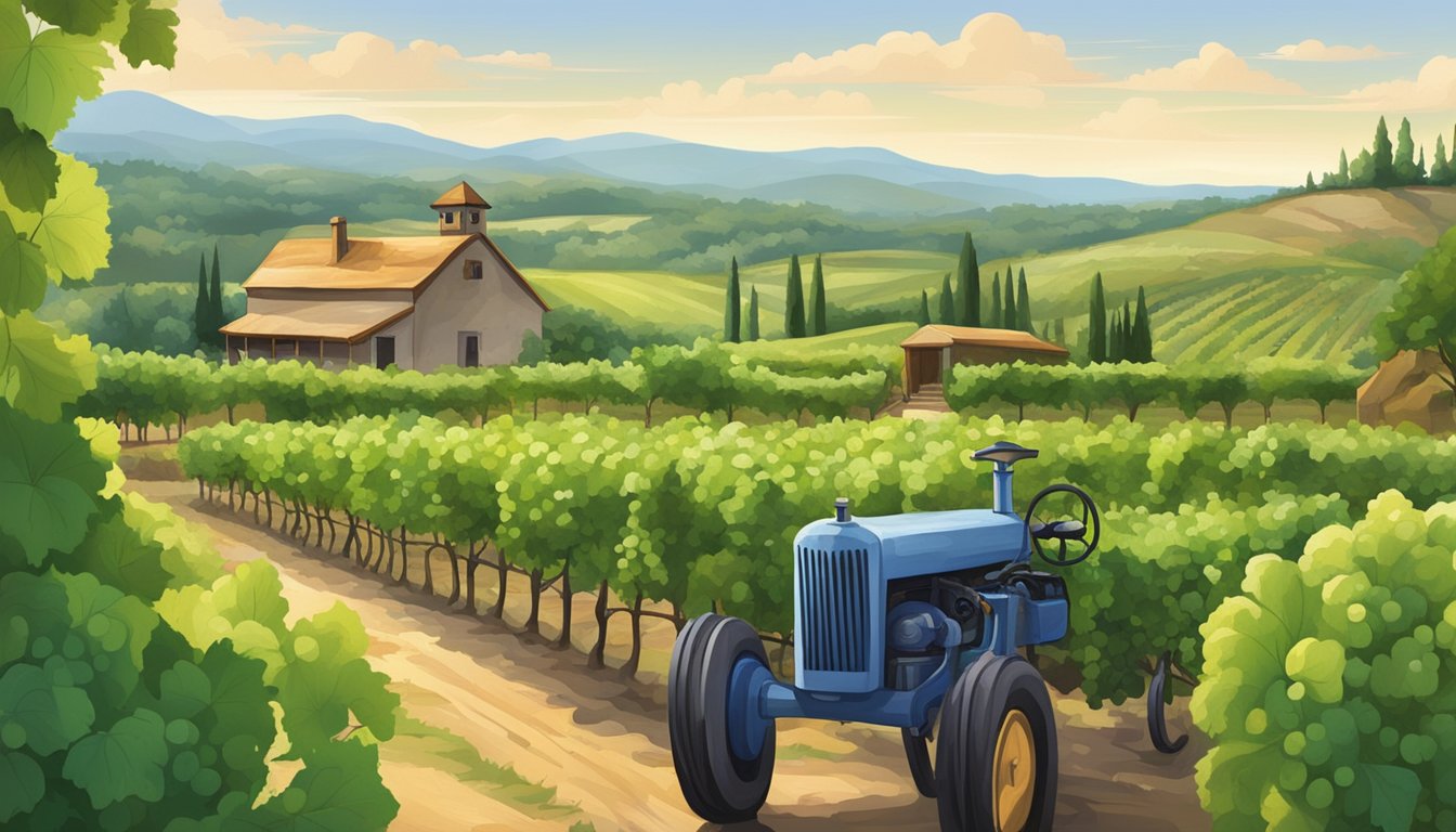 A serene vineyard with grapevines and a rustic cold-press machine surrounded by lush greenery and wildlife