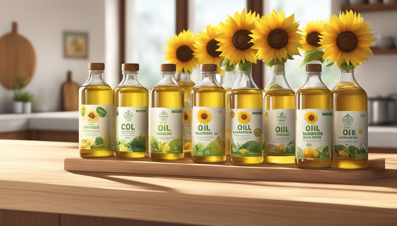 A bright, sunlit kitchen with various bottles of cold pressed sunflower oil displayed on a wooden countertop, each bearing different certifications and quality marks