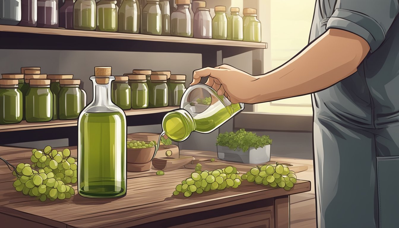 A person pouring cold pressed grapeseed oil into a glass bottle, then sealing and storing it in a cool, dark pantry