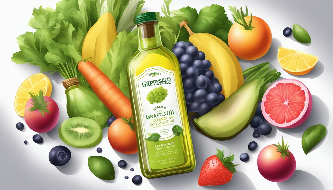 A bottle of cold-pressed grapeseed oil surrounded by a variety of fresh fruits and vegetables, with a drizzle of oil on a salad