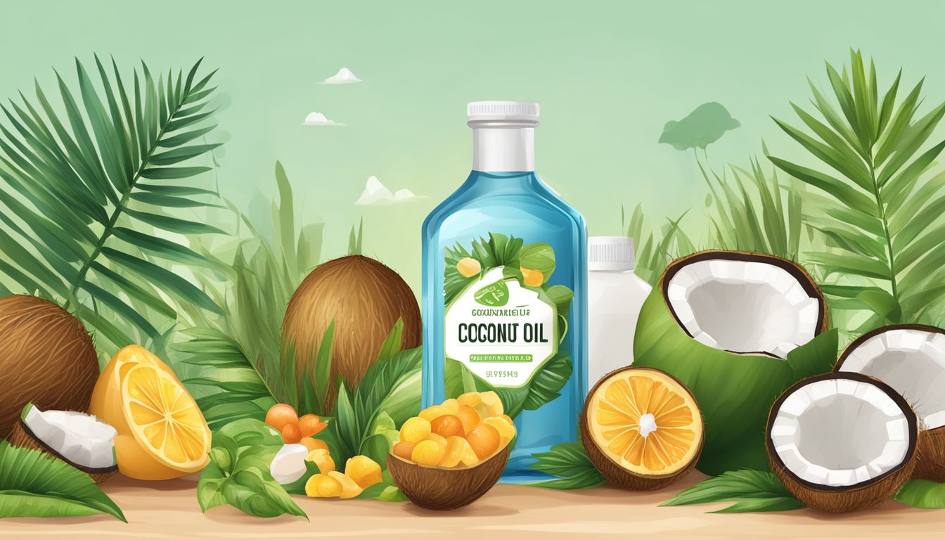 A coconut oil bottle and a warning sign surrounded by various plants and fruits