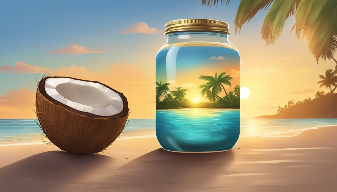 A coconut and a jar of coconut oil face off on a tropical beach at sunset