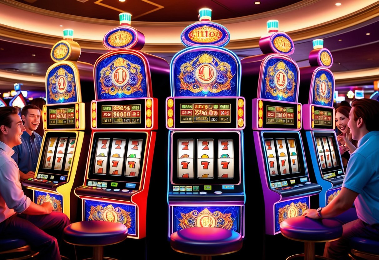 Bright, colorful slot machines with intricate designs and flashing lights, surrounded by excited players in a bustling casino