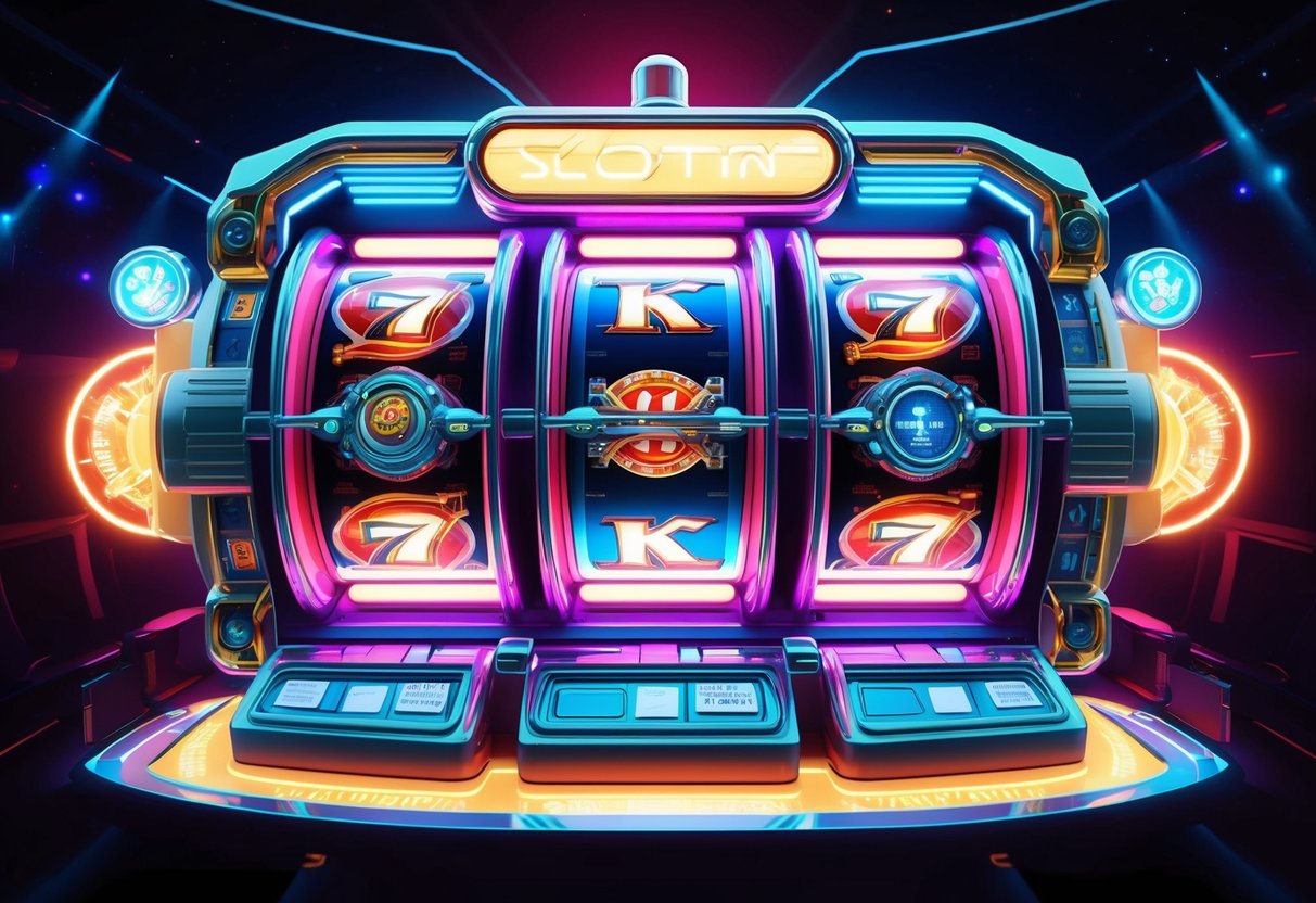 A futuristic slot machine with intricate mechanics and innovative features, surrounded by glowing lights and vibrant colors