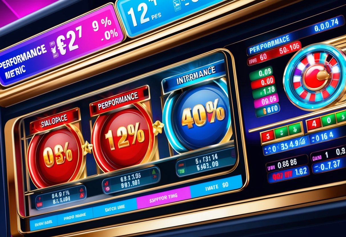 A colorful and dynamic casino slot machine interface with various performance metrics displayed on the screen