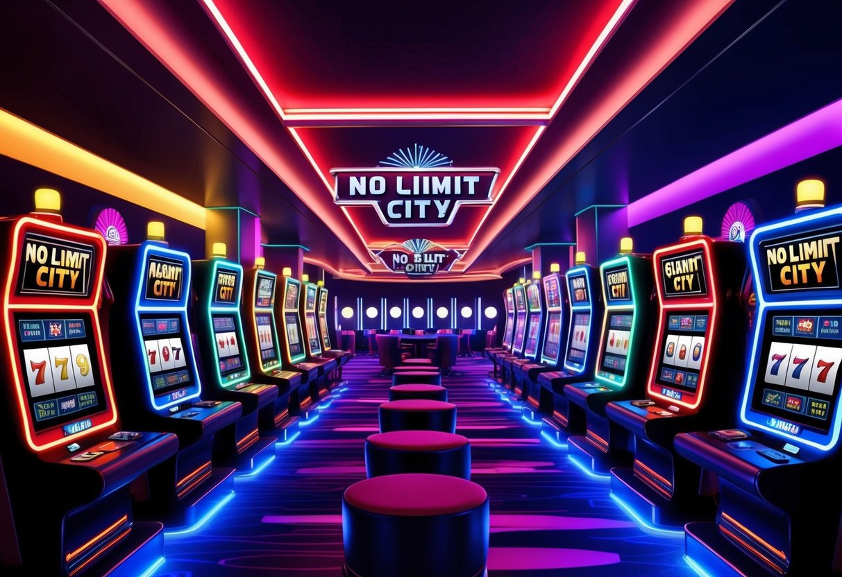 A colorful, futuristic casino with flashing lights and rows of slot machines, featuring the No Limit City Igaming slots