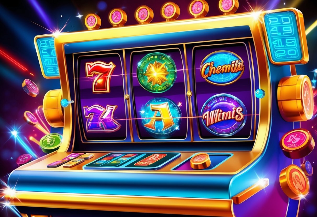 A colorful and dynamic slot machine with various themed symbols spinning on the reels, surrounded by flashing lights and exciting animations