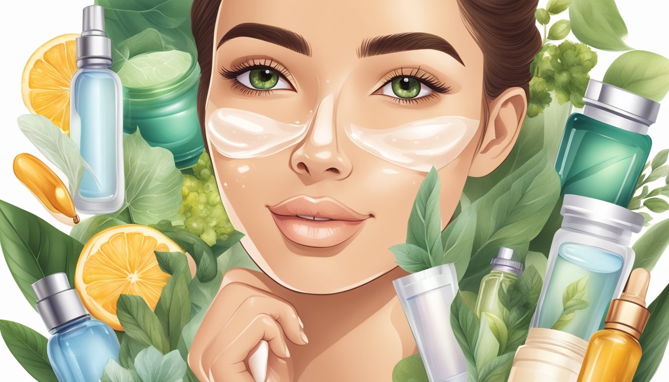 A clear, glowing face surrounded by various skincare products and natural remedies